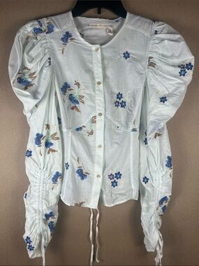 Chelsea & Violet White Floral Embroidered Puff Sleeve Blouse XS Cottagecore Boho